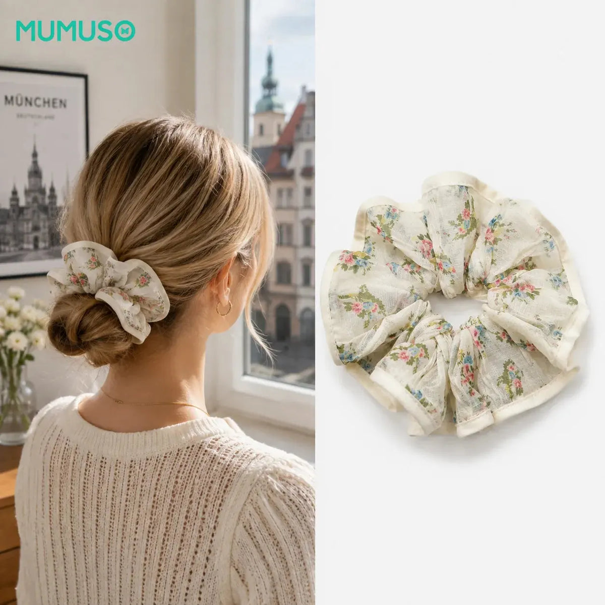 Beiger MJ Scrunchie mit floralem Muster und hellem Volantrand