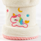 Detailansicht von Plüschstruktur und Unicorn Stickerei