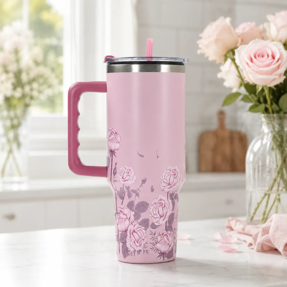 Rosa floraler Isolierbecher 1200 ml mit Henkel und Strohhalm in einer Küche
