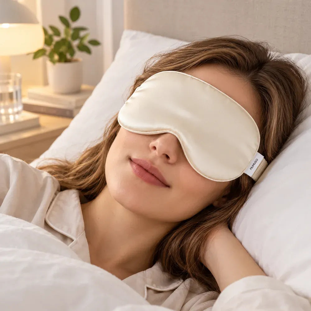 Beige Schlafmaske bei der Anwendung im Bett