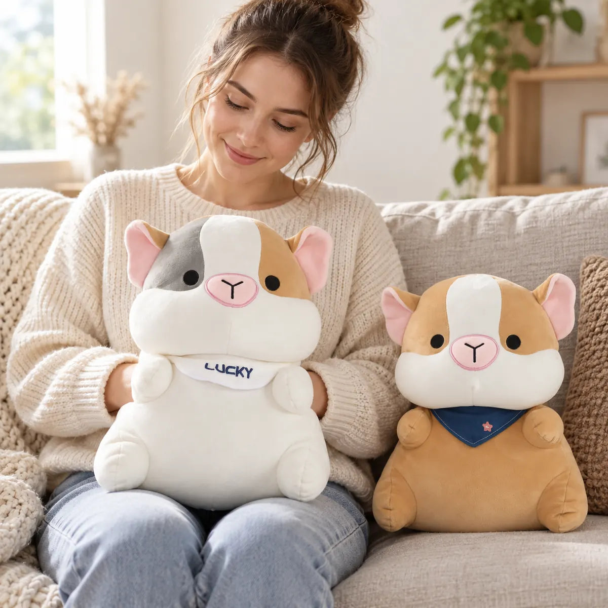 Meerschweinchen Kissen mit Handwärmerfunktion bei der Anwendung auf dem Sofa