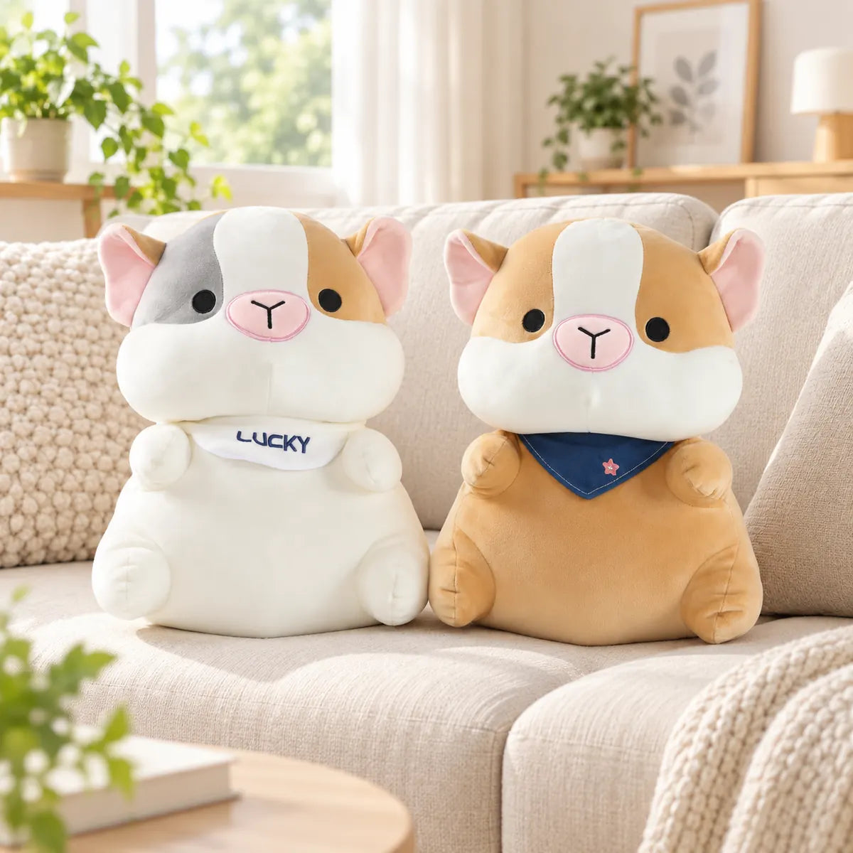 Meerschweinchen Kissen in Weiß und Khaki als Wohnaccessoire auf dem Sofa