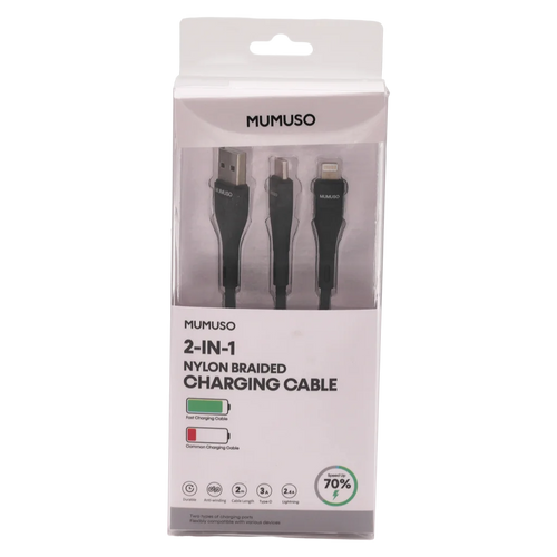 2-in-1 Ladekabel aus geflochtenem Nylon, USB-A auf Lightning &amp; Typ C (Schwarz)