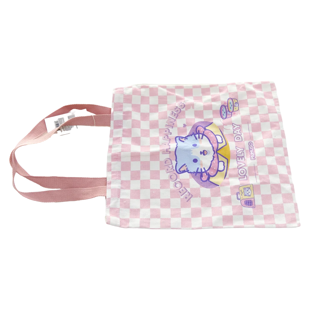 Canvas Schultertasche mit Katzen-Design, kariert (Rosa)