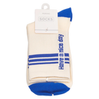 Crew-Socken Damen Baumwollmischung mit Streifen-Design und Schriftzug (Weiß/Blau)