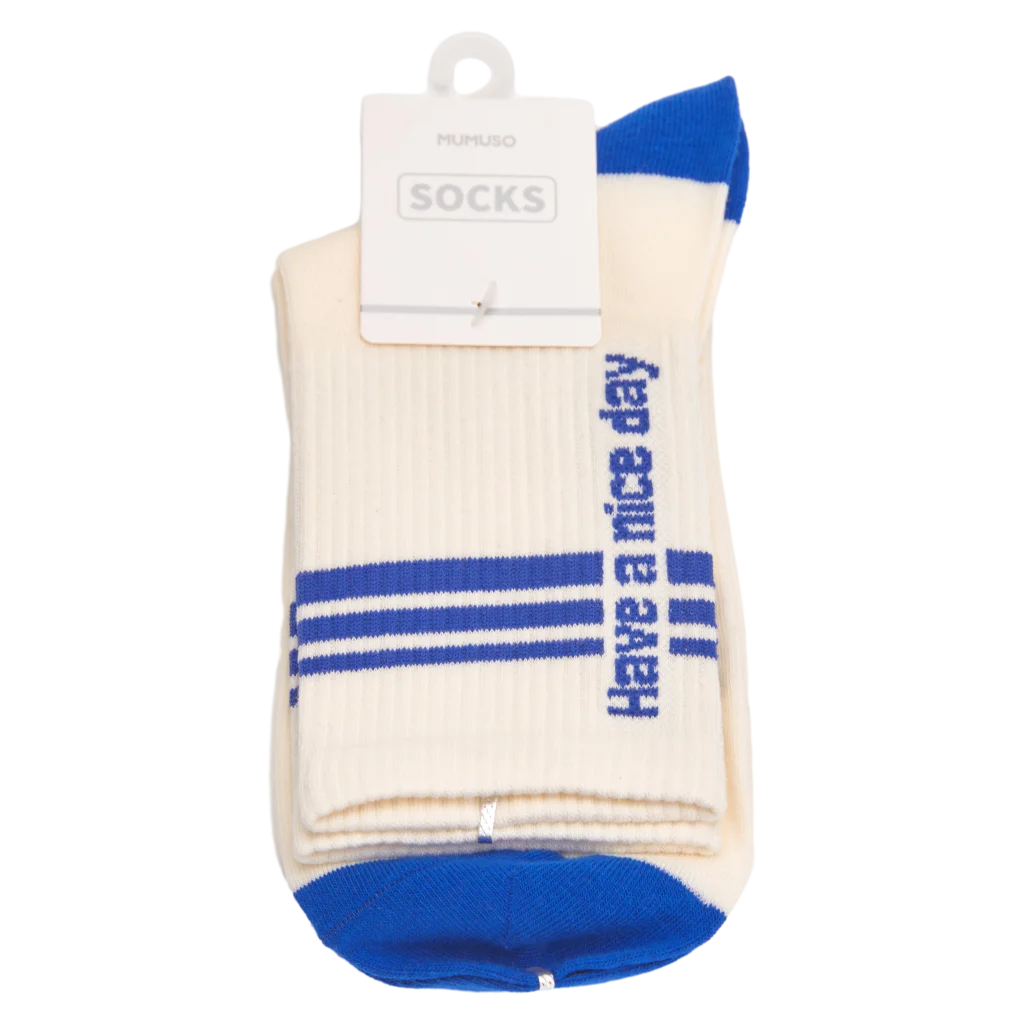 Crew-Socken Damen Baumwollmischung mit Streifen-Design und Schriftzug (Weiß/Blau)