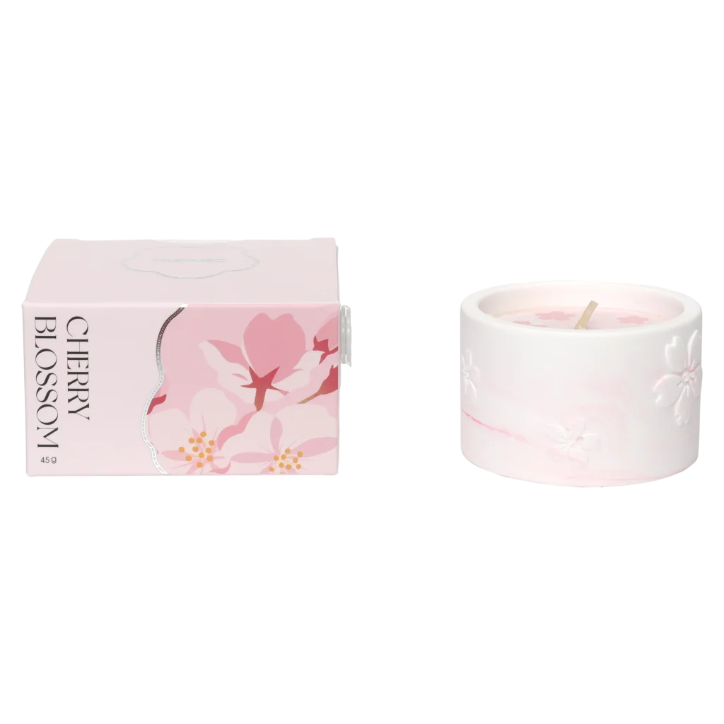 Duftkerze mit Kirschblütenduft, 45 g im Keramikglas (Weiß/Rosa)