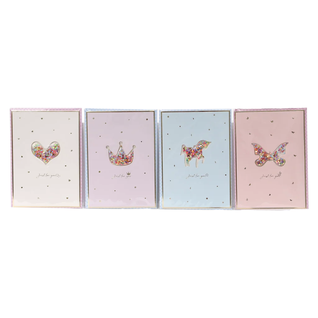 Grußkarte mit Folienprägung und Pailletten, Design Herz/Krone/Schmetterling (Rosa/Hellgrau/Hellblau/Flieder)