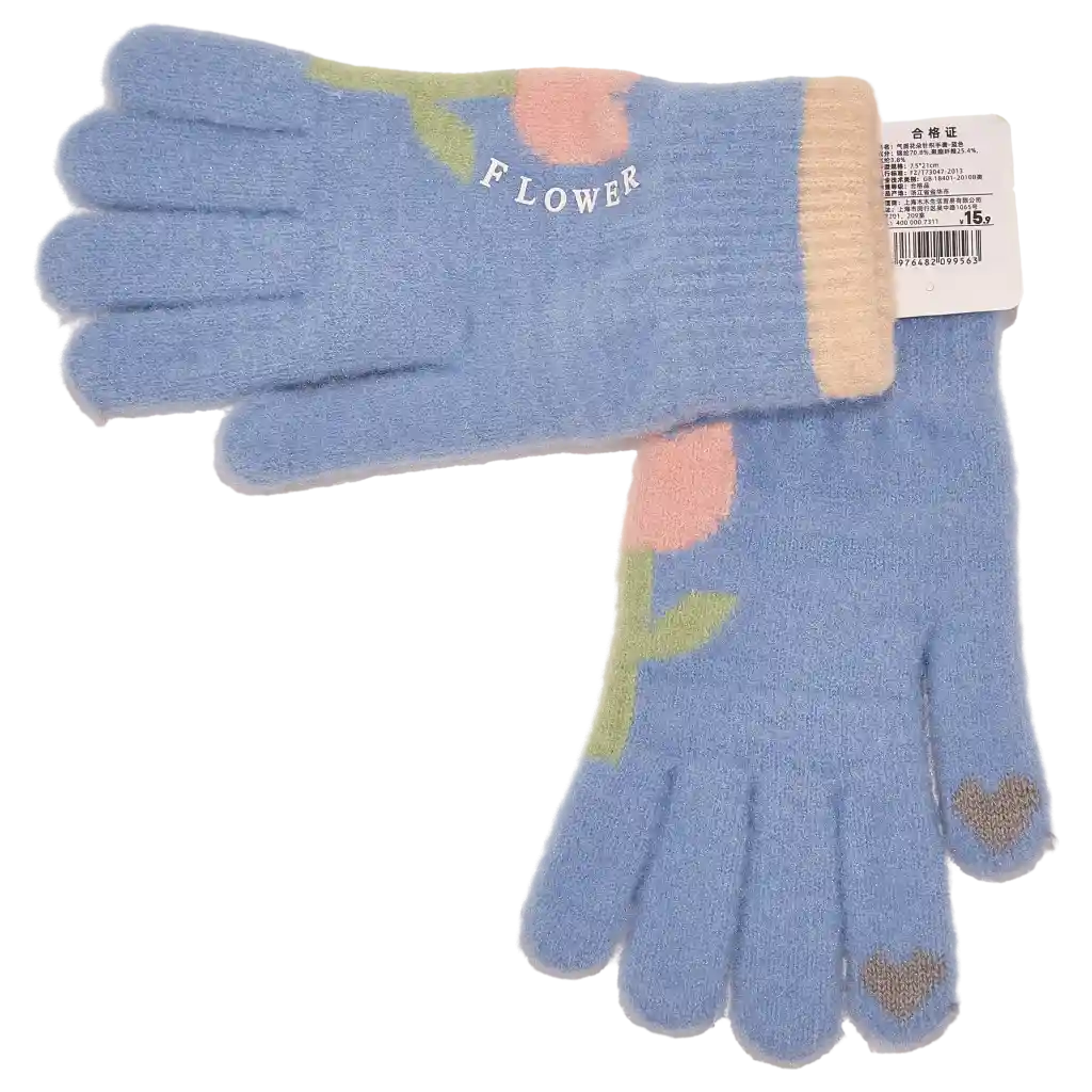 Strickhandschuhe Damen mit Blumen-Design (Blau)