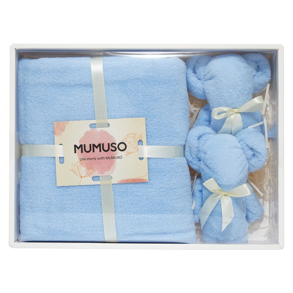 3-teiliges Handtuch Geschenkset mit Bär-Design, 1 Badetuch + 2 Gesichtstücher (Blau)
