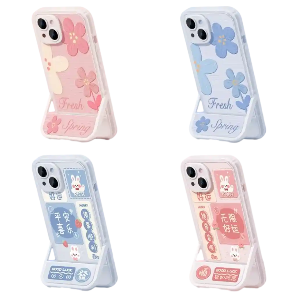 Handyhülle TPU+PC mit Kickstand für iPhone 15 Plus, Blumen-Design/Hasen-Print (Rosa/Blau)