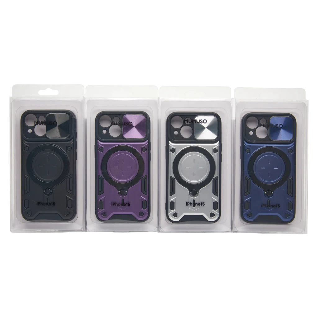 Handyhülle mit Schiebefenster und Ringhalter für iPhone 15 aus PC+TPU (Schwarz/Lila/Silber/Blau)
