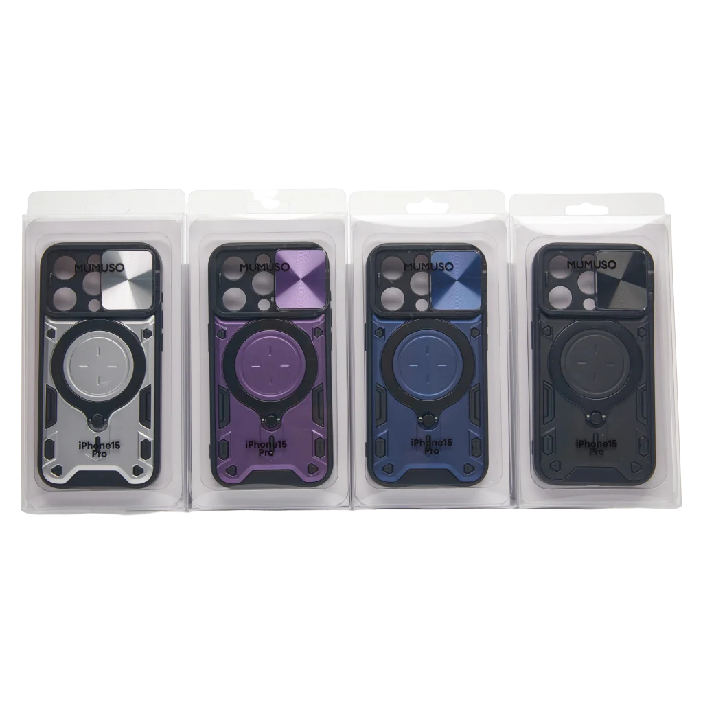 Handyhülle aus PC und TPU mit Schiebefenster und Ringhalter für iPhone 15 Pro (Silber/Lila/Blau/Schwarz)