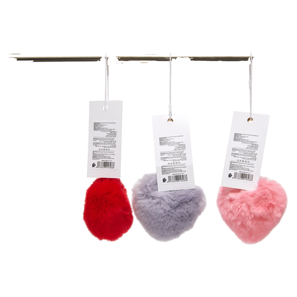 Herz-Pompom Taschenanhänger aus Oryctolagus-Pelz (Rot/Lila/Rosa)