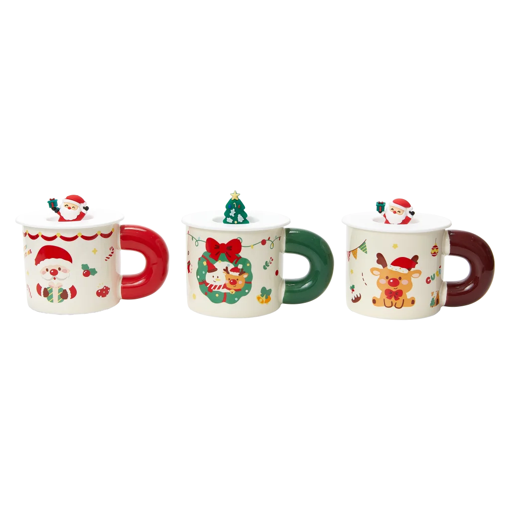 Keramiktasse mit Deckel, Weihnachts-Design (Rot/Grün/Braun)