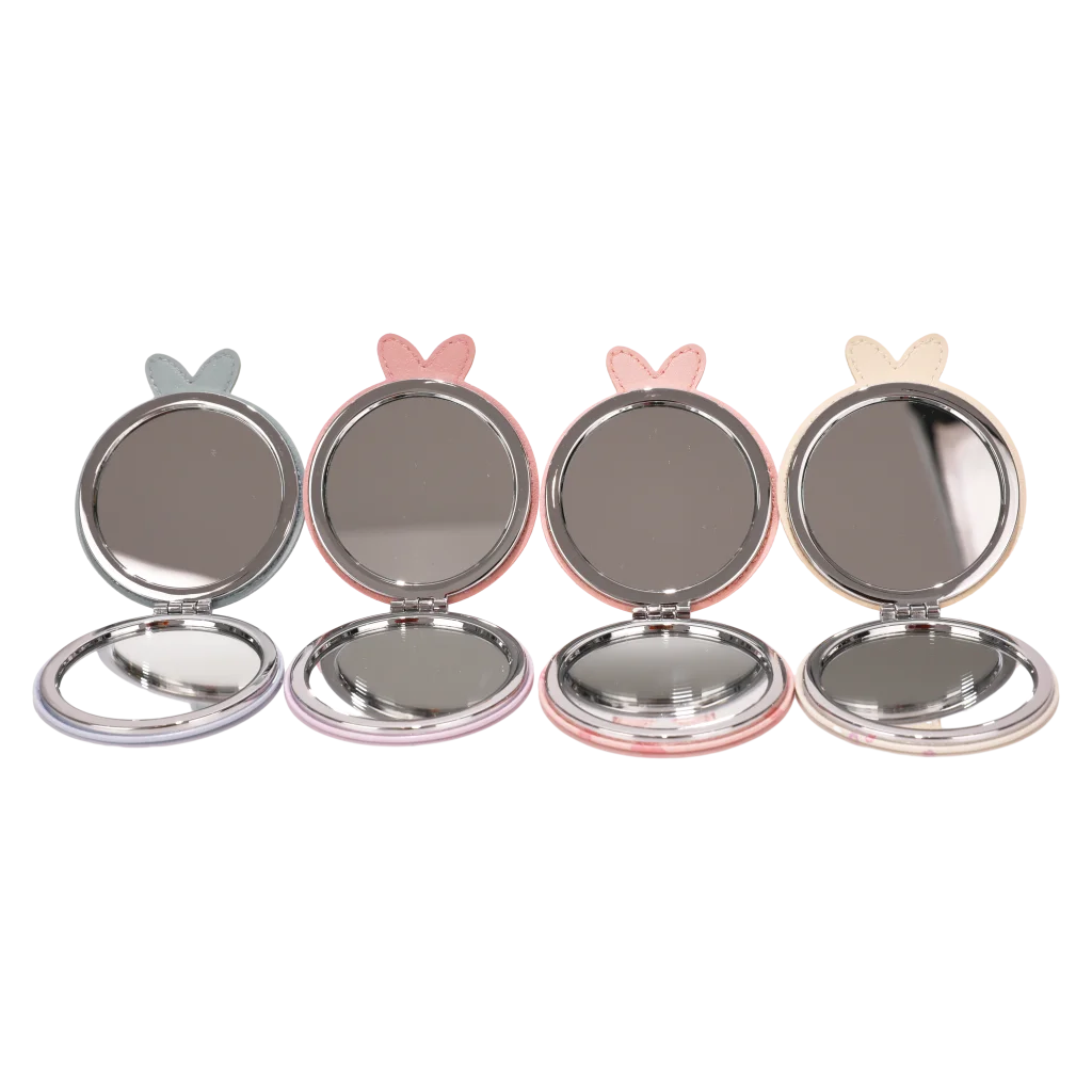 Runder Klappspiegel aus Kunstleder mit Tier-Design (Grau/Blau/Rosa/Beige), handlich