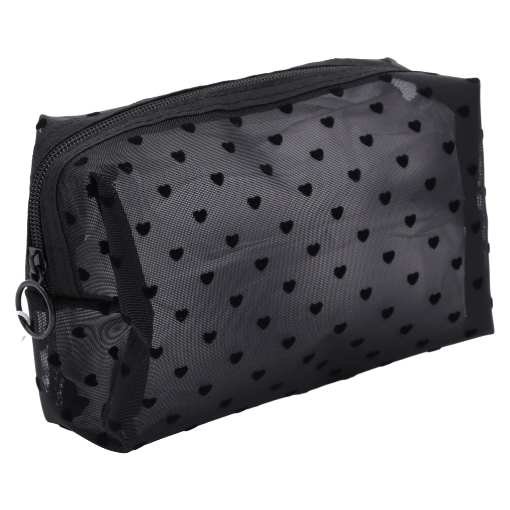 Rechteckige Kosmetiktasche aus Nylon mit Herzchen-Design (Schwarz)