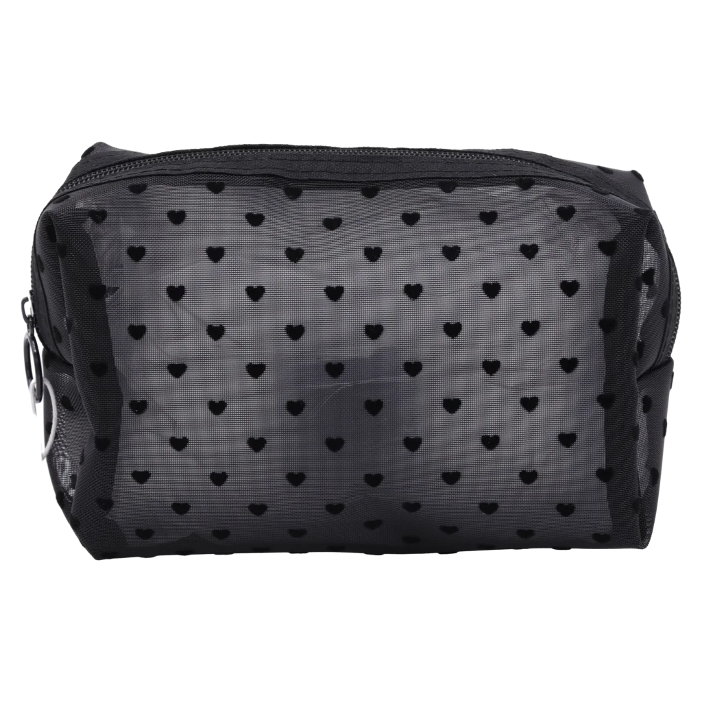 Rechteckige Kosmetiktasche aus Nylon mit Herzchen-Design (Schwarz)