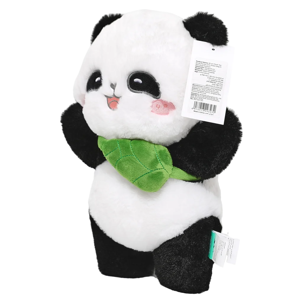 Panda Plüschtier stehend, 32 cm mit Blatt-Design (Schwarz/Weiß/Grün)