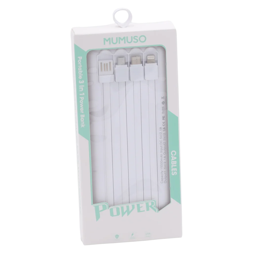 Tragbare Powerbank mit 3-in-1 Kabeln aus ABS-Kunststoff, 10.000 mAh (Weiß)