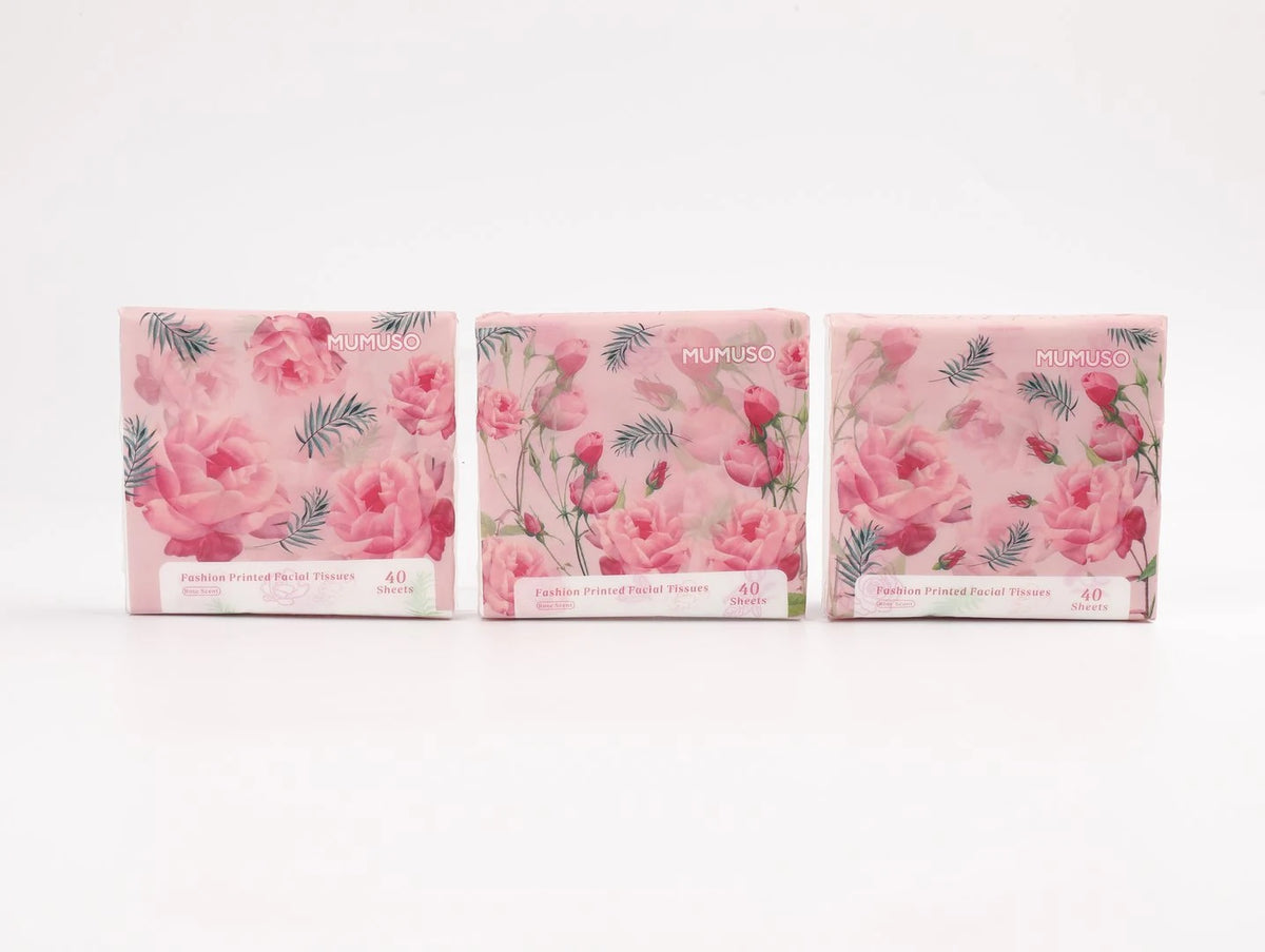 Bedruckte Kosmetiktücher mit Rosenduft in drei Rosenmotiven