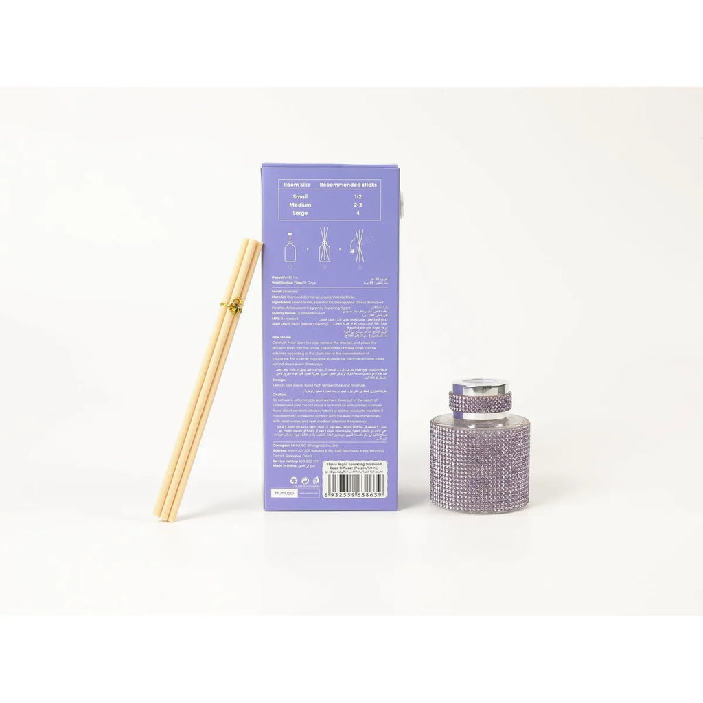 Lieferumfang des Starry Night Raumduft Diffusers mit 50 ml Flakon Verpackung und Duftstäbchen
