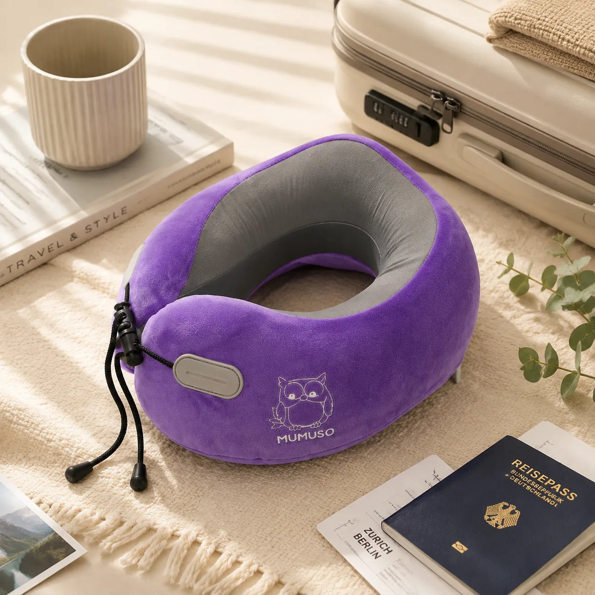 Starry-Sky Memory-Foam-Nackenkissen in Lila neben Reisegepäck