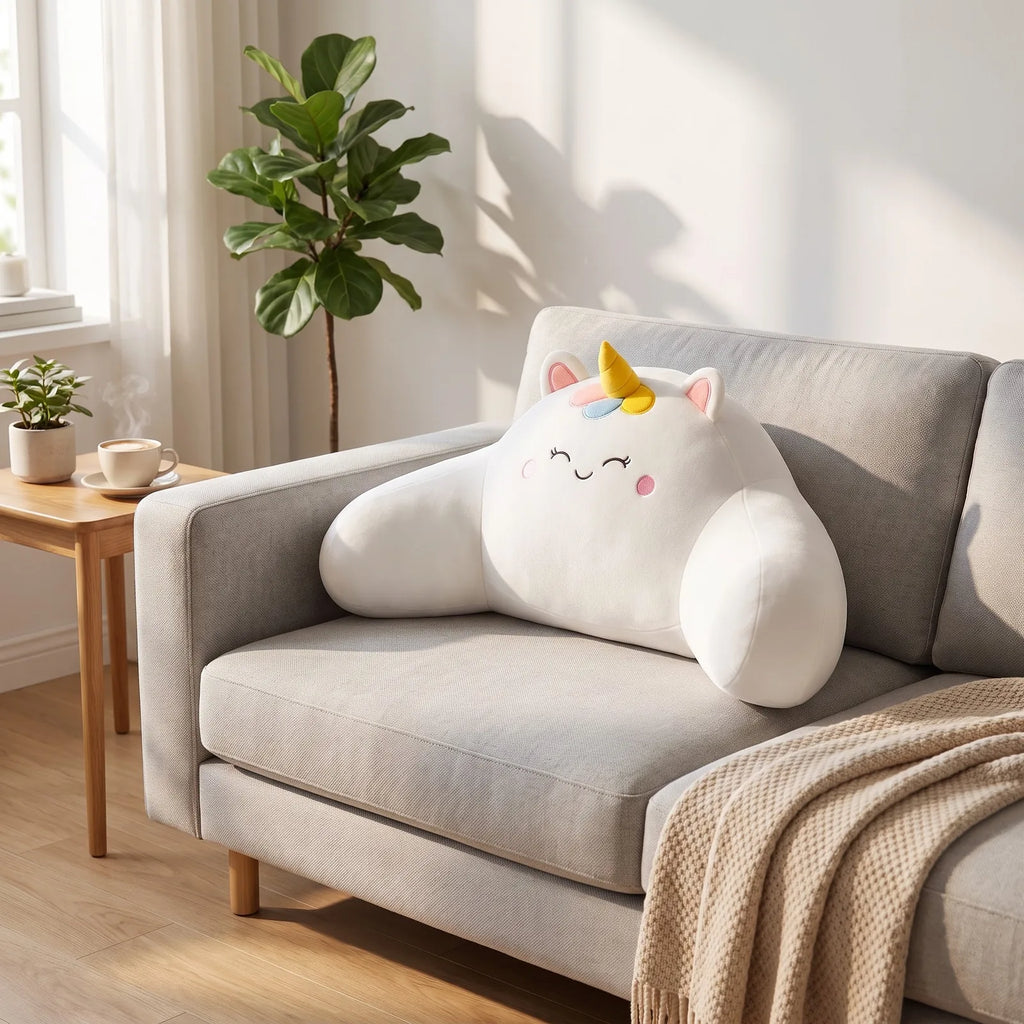 Starry-Sky Sofakissen in Weiß mit Einhornmotiv auf einem Sofa