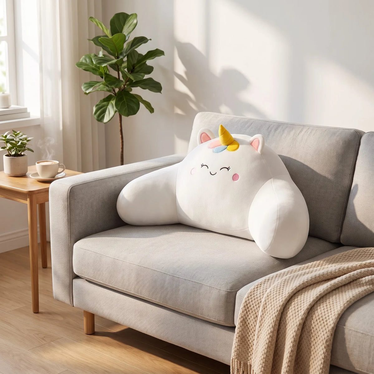 Starry-Sky Sofakissen in Weiß mit Einhornmotiv auf einem Sofa