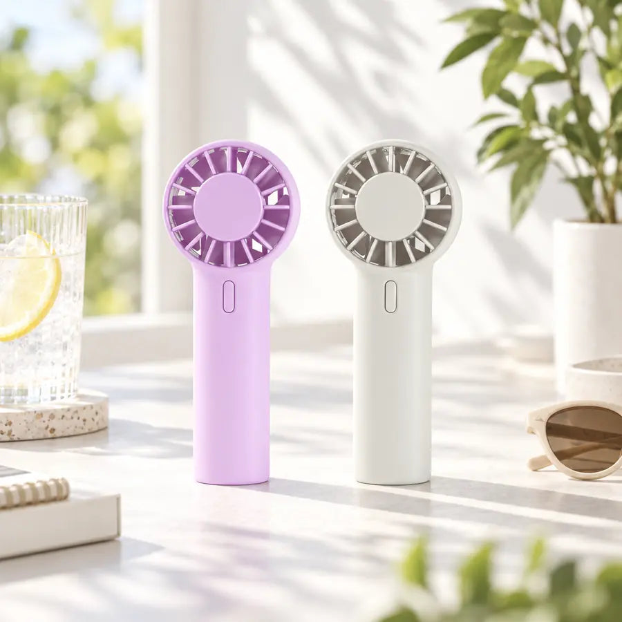 Mini Handventilator in Lila und Weiß auf einem hellen Sommertisch