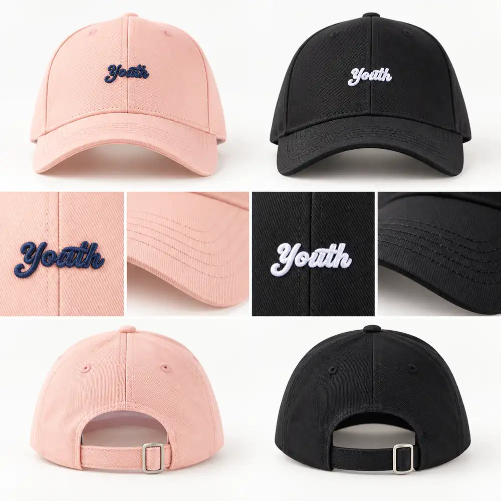 Detailansichten der rosa und schwarzen Baseballcap mit Stickerei und Verschluss