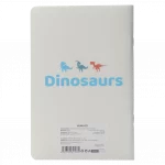 Rückseite eines a5 notizhefts mit drei dinosaurier-silhouetten und produktinformationen.