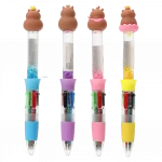 Rückansicht von vier 4-farben-kugelschreibern mit treibsand und wasserschwein-motiv.