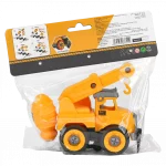 Rückansicht eines orangefarbenen diy-baustellen-lkws in verpackung.
