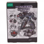 Vorderansicht der verpackung des mumuso roboter-spielzeugs mit transformationsanleitung.