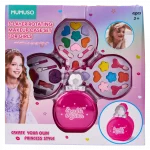 Vorderansicht des drehbaren 3-schicht-make-up-sets für mädchen mit geöffneten fächern.