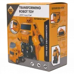 Seitenansicht der verpackung des 2-in-1 verwandlungsroboters von mumuso mit deformationsschritten.