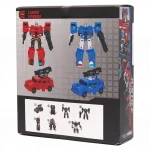 Rückseite der verpackung des 2-in-1 transformierbaren roboter-spielzeugs mit abbildungen der transformationsmodi.
