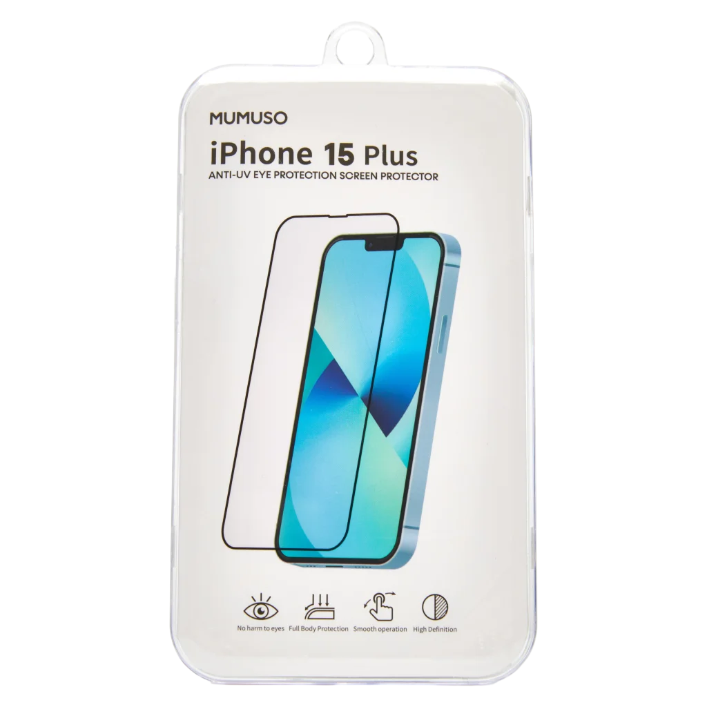 Anti-uv displayschutzfolie aus gewalztem glas für iphone 15 plus (transparent) 11 Verpackung der mumuso anti-uv augenschutz displayfolie für iphone 15 plus.