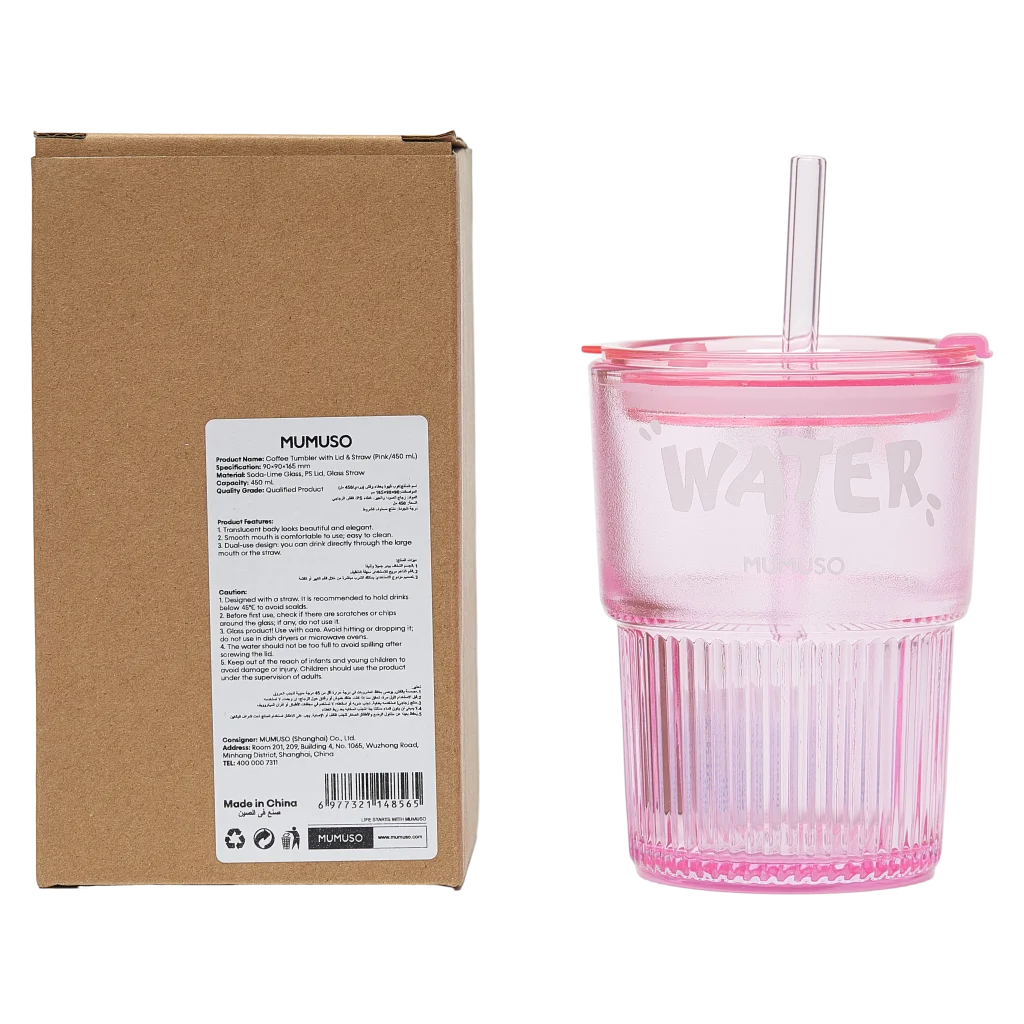 Coffee tumbler aus glas mit deckel und glasstrohhalm, 450 ml (rosa) 11 Rückseite der verpackung des pinken kaffeebechers mit produktinformationen.