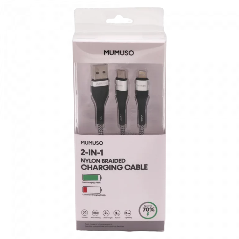MUMUSO 2-in-1 Ladekabel aus robustem Nylon-Geflecht, USB-A auf Lightning oder Typ C, weiß – universelles Ladekabel für Smartphone.
