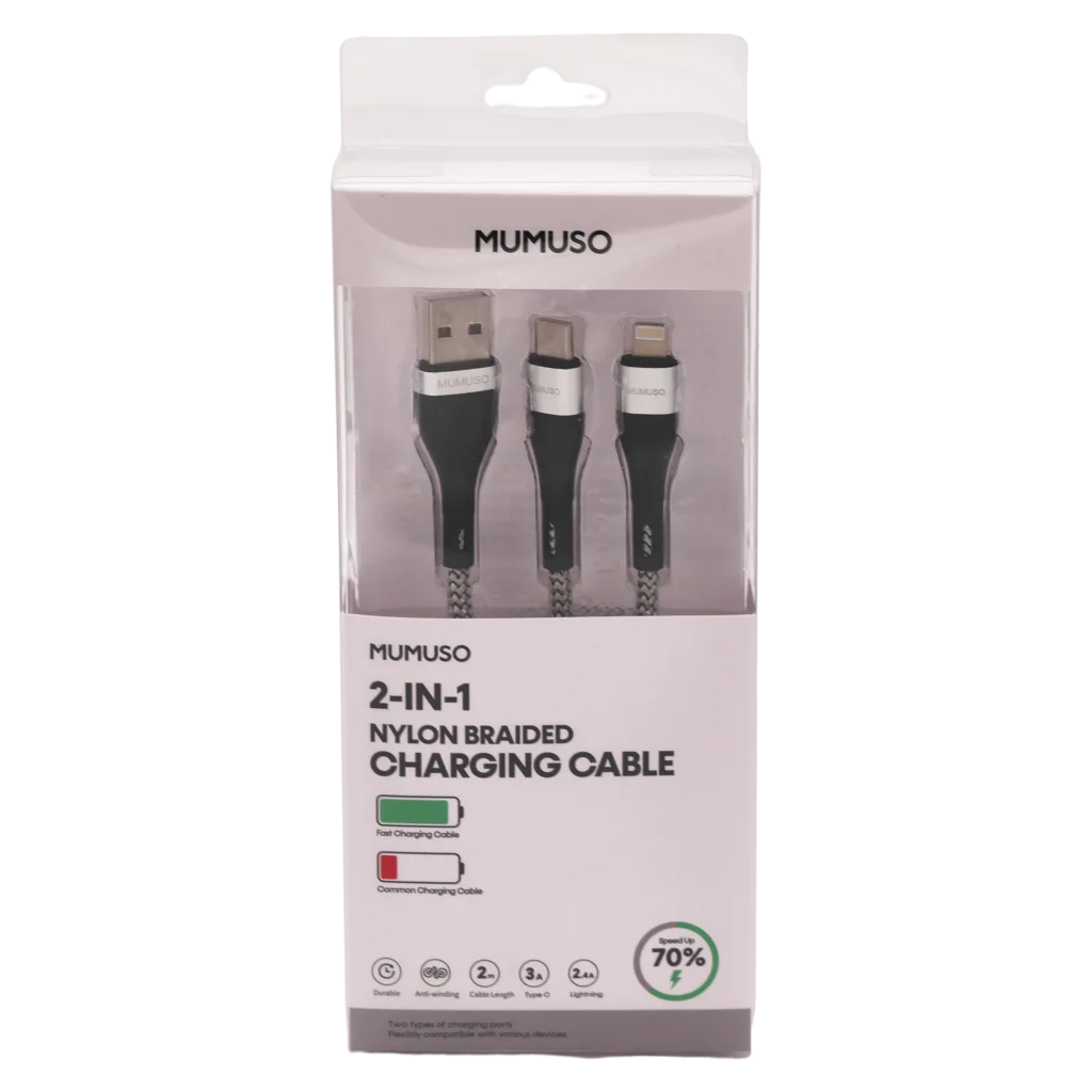 mumuso_2-in-1_ladekabel_nylon-geflecht_usb-a_lightning_typ-c_weiss.webp MUMUSO 2-in-1 Ladekabel aus robustem Nylon-Geflecht, USB-A auf Lightning oder Typ C, weiß – universelles Ladekabel für Smartphone.