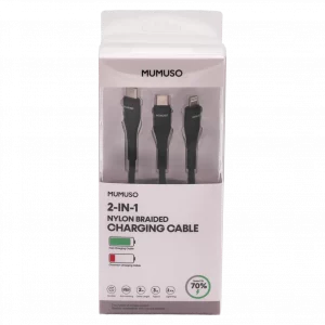 MUMUSO 2-in-1 Ladekabel USB-C zu USB-C/Lightning aus robustem Nylon in Schwarz – vielseitiges Nylonkabel für unterwegs.