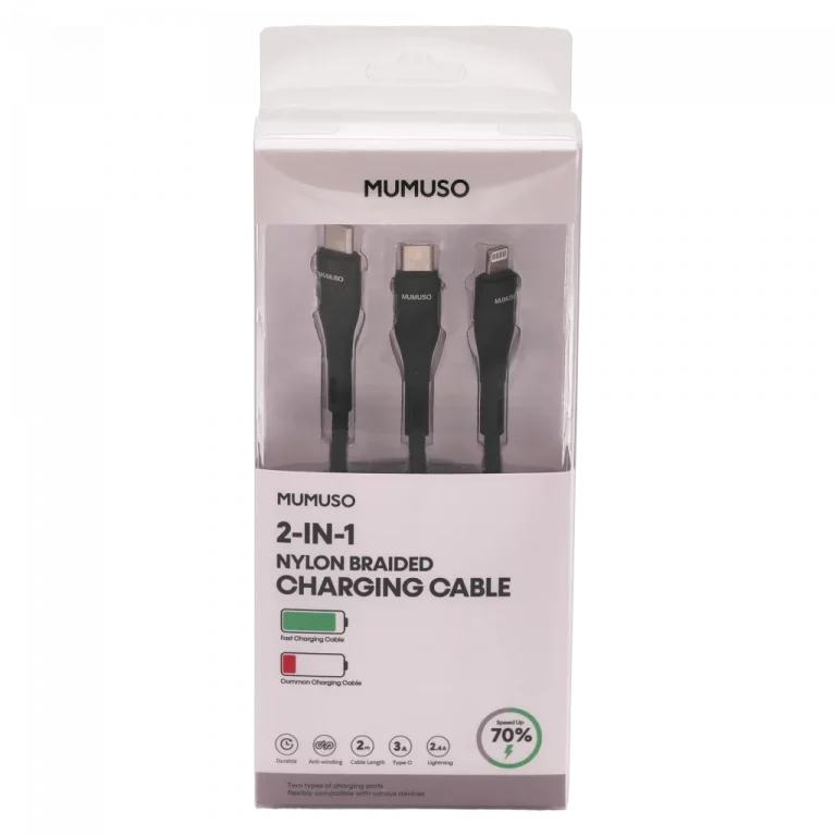 MUMUSO 2-in-1 Ladekabel USB-C zu USB-C/Lightning aus robustem Nylon in Schwarz – vielseitiges Nylonkabel für unterwegs.