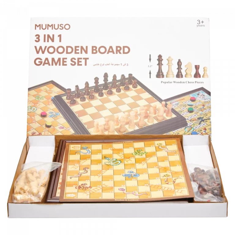 MUMUSO 3-in-1 Brettspiel-Set aus Holz, naturfarben, für Kinder, enthält Schach, Dame und Leiterspiel.