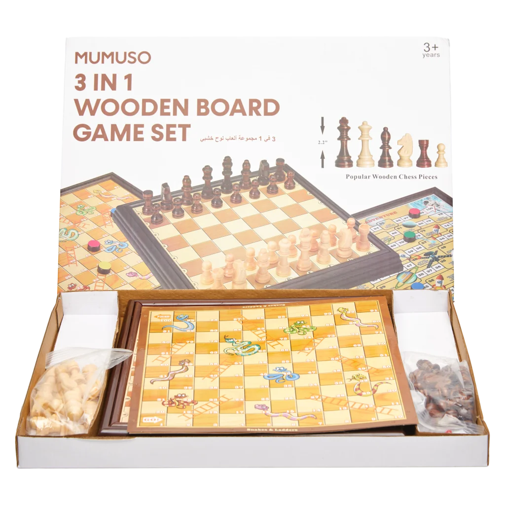 MUMUSO 3-in-1 Brettspiel-Set aus Holz, naturfarben, für Kinder, enthält Schach, Dame und Leiterspiel.