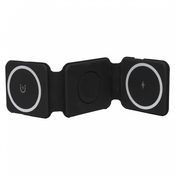 MUMUSO kabellose Ladestation 3-in-1, faltbar, aus ABS und Silikon in Schwarz – Ladegerät für mehrere Geräte.