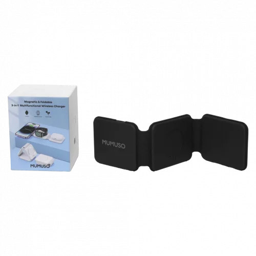 MUMUSO kabellose Ladestation 3-in-1, faltbar, aus ABS und Silikon in Schwarz – Ladegerät für mehrere Geräte.