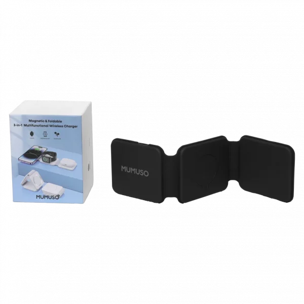 MUMUSO kabellose Ladestation 3-in-1, faltbar, aus ABS und Silikon in Schwarz – Ladegerät für mehrere Geräte.