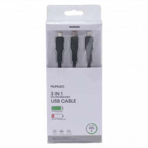 MUMUSO 3-in-1 USB-Ladekabel aus Nylongewebe, schwarz, Fast Charge 66W – universelles USB Kabel für mehrere Geräte.